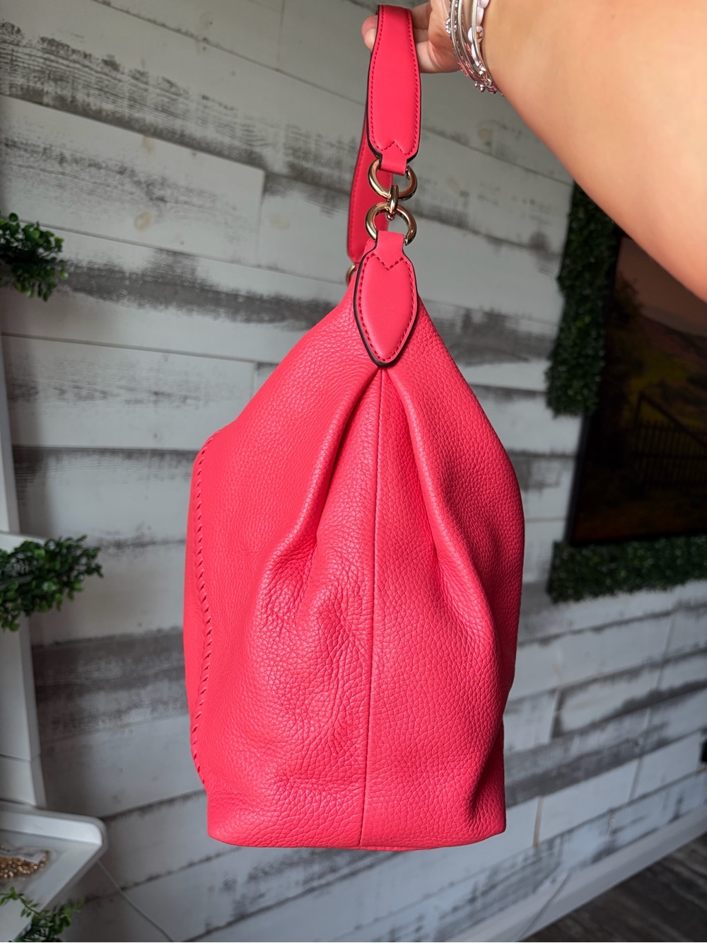 Michael Kors Large Pebbled Leather Whipstitch Hobo Shoulder Coral Pink NWT - Picture 5 of 14